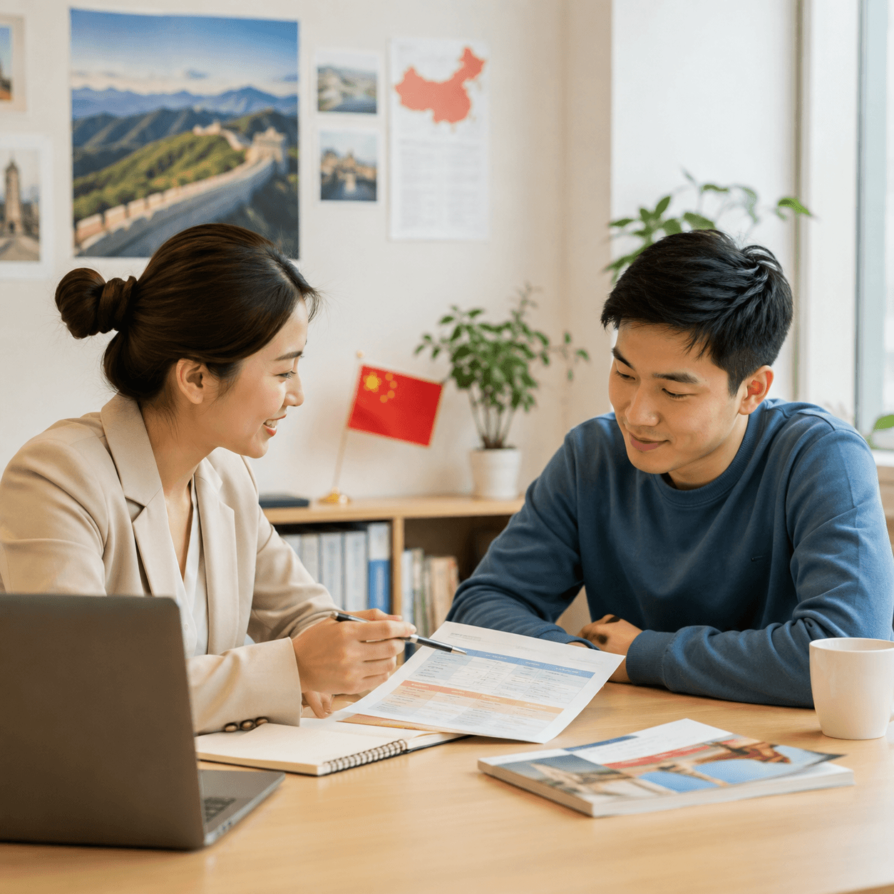 顾问与学生一起查看留学规划的示意图