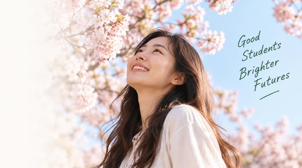 AI-generated lifestyle illustration of a student beneath cherry blossoms